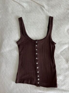 Free People Brown Ribbed Button-Front Tank Top - Women